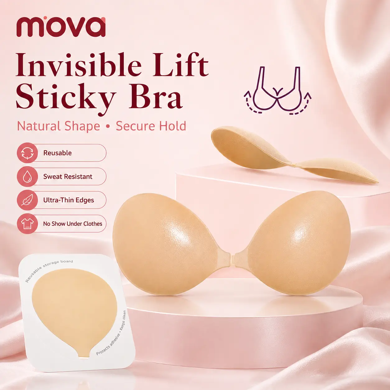 Women's Basic Minimalist MOVA Invisible Push-Up Adhesive Bra, Reusable Sticky Bra for Backless & Strapless Dresses, Skin-Friendly Silicone with Replaceable Adhesive Films & Storage Board