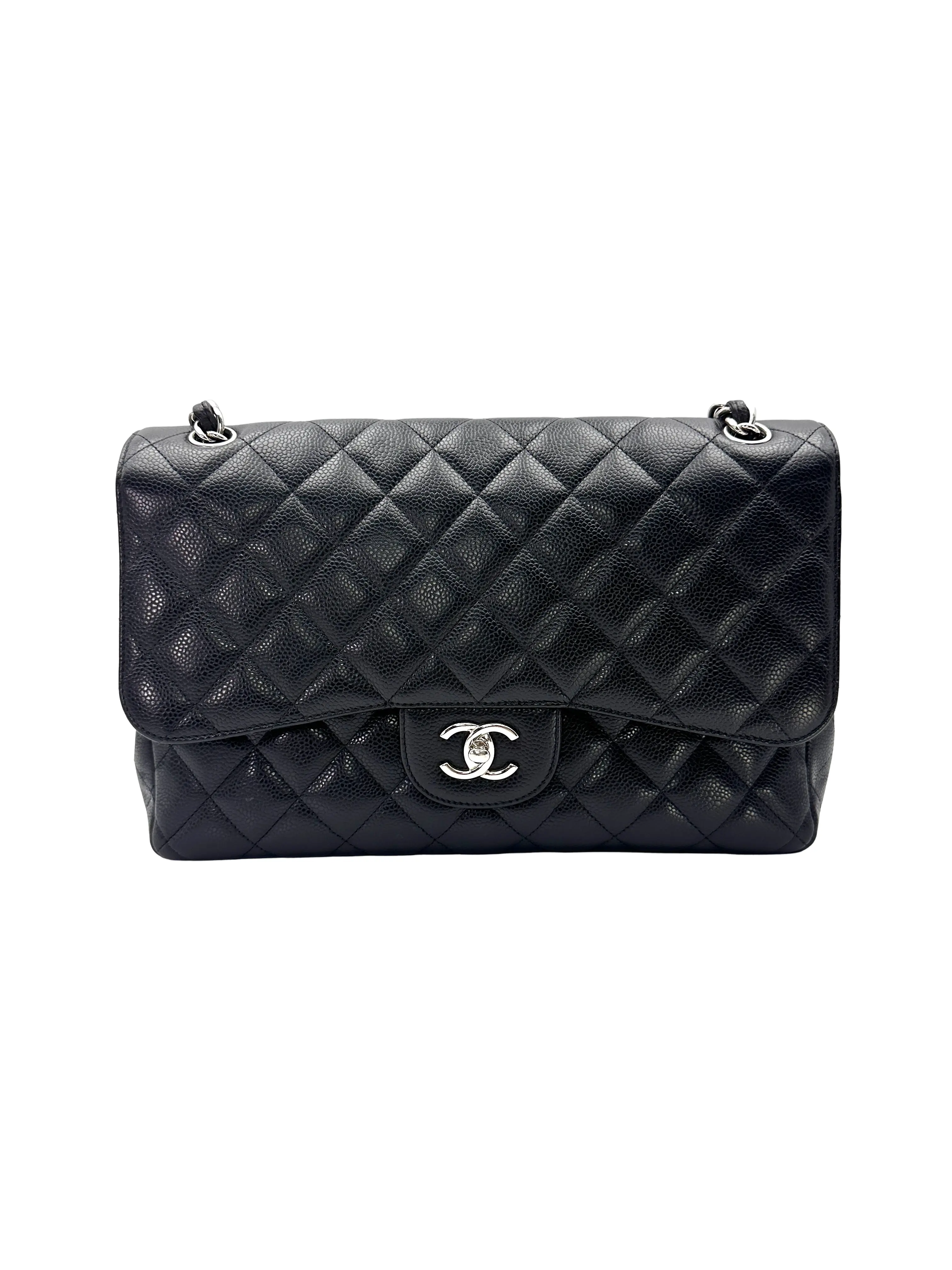 Pre-owned CHANEL Leather Shoulder Bags Classic Flap Black Quilted Jumbo Shoulder Bag With Silver Buckle(15***69)CC2498