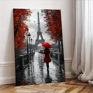 A Canvas Wall Art with Frame - Paris Street Scene, Including Eiffel Tower, Woman with Red Umbrella and Autumn Leaves, Black and White with Red Lining, Wooden Frame, Ready-to-Hang Home Decoration, Paris Room Decoration, Bedroom Artwork, Romantic Painting,