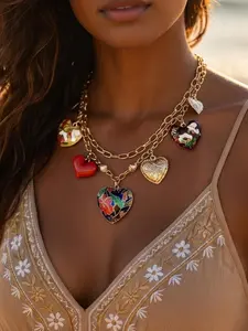 Multi-Layer Heart Pendant Necklace, Colorful Enamel Love Charm Collarbone Chain, Vintage Elegant Layered Jewelry, Party Date Necklace, Dainty Layering Jewelry, Dainty Boho Necklace