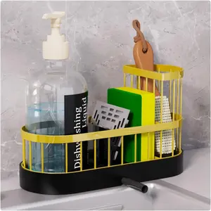 Sponge Holder for Kitchen Sink with Brush Holder and Non-slip Silicone support, Kitchen Sink Organizer for Sponge with Rustproof Plastic Base, Soap Dispenser Storage Accessories (Gold, High)