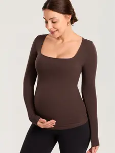 MOMANDA Long Sleeve Maternity Nursing Tops Square Neck Pregnancy Basic Shirts Soft Casual Tee