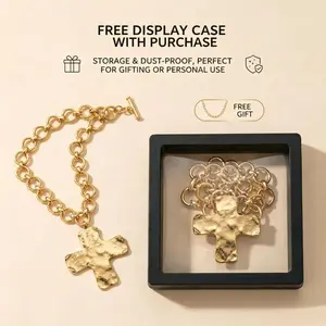 Women's Gold Plated Adjustable Chunky Cross Necklace, Female Statement Religious Chain Link Necklace with Hammered Pendant, Layered Design, Vintage Toggle Clasp, Daily Fashion Costume Jewelry, Easter Gift