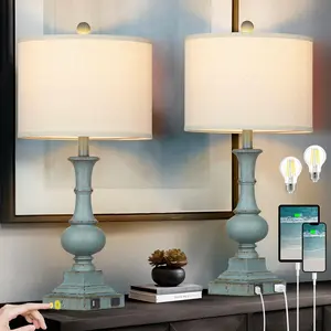 Farmhouse Table Lamps Set of 2, Rustic Touch Control Bedside Lamps with 2 USB Ports & AC Outlet, Vintage  3-Way Dimmable Nightstand Lamp Linen Fabric Shade for Living Room Bedroom Decor Blue