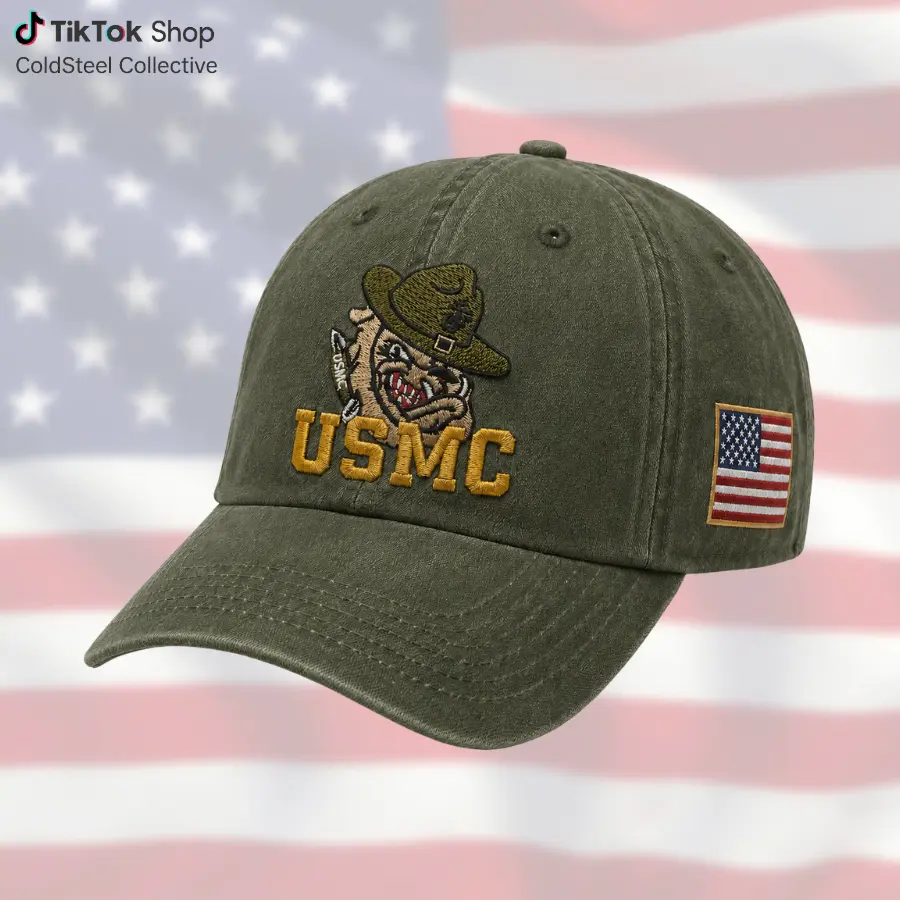 Vintage Washed Cotton Dad Hat - Embroidered USMC Bulldog & American Flag, Unisex Adjustable Snapback Buckle Breathable Fitted Hat for Veterans Day, Independence Day, Everyday Wear, Military Cap