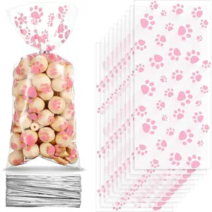 100 Pieces Dog Treat Bags Puppy Party Favor Pet Paw Cone Cellophane Candy Heat Sealable Dog Paw Gift Bags With 100 Pieces Silver Twist Ties for Pet Cat Treat Party Favor (Pink)