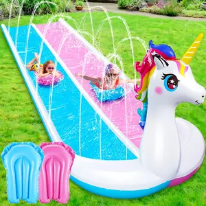 20ft 3D Unicorn Double Lane Slip Inflatable Water Slide, 3 Sided Safe Fence with 2 Bodyboards and Sprinkler, Heavy Duty Water Slide for Boys Girls Outdoor Backyard Play