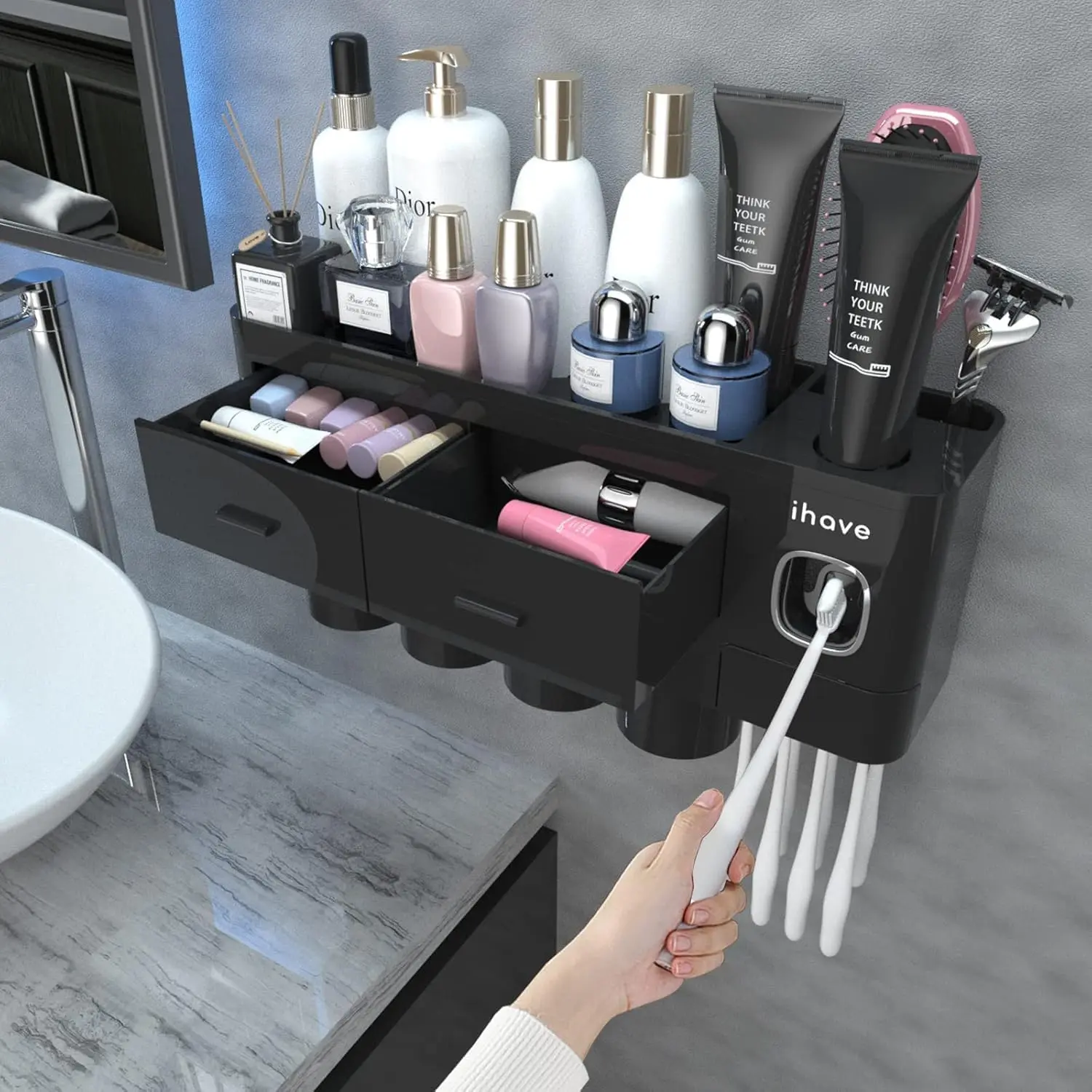 Bathroom Toothbrush Holder - Wall Mounted, Waterproof, Decorative & Functional Bathroom Organizer with 4 Cups, Toothpaste Dispenser, Large Capacity Tray, 2 Cosmetic Drawers for Daily Toiletry Organization, Water Proof, Daily Use