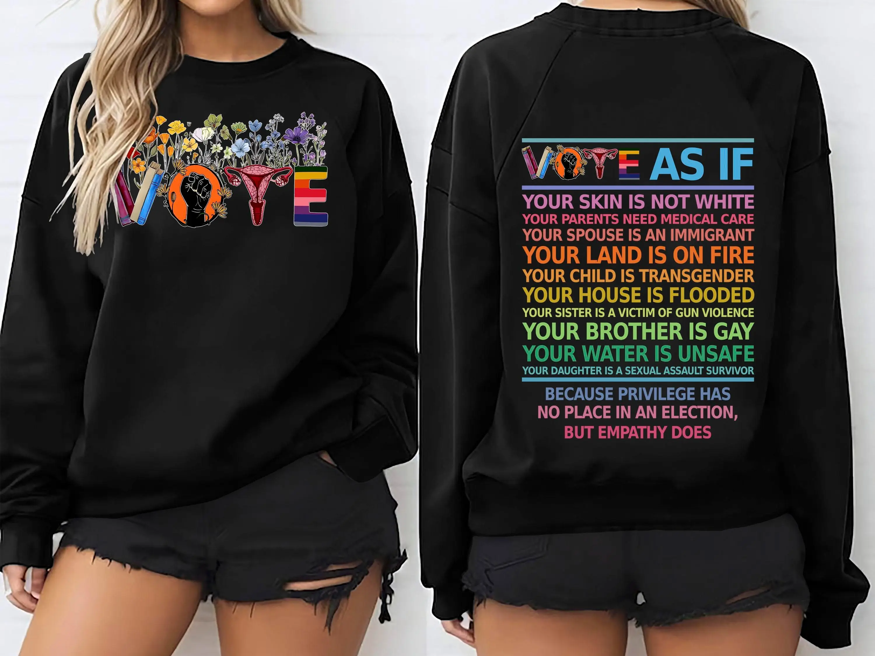 VOTE Sweatshirt Long Sleeve Classic Fit Women's Rights Democrat Political Tee with Floral Design Comfortable Wear Pull-On Closure Womenswear Elegance