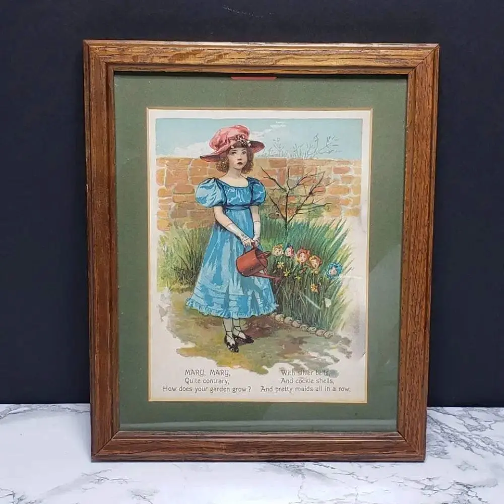Mary Mary Nursery Rhyme Framed Matted Book Page Vintage