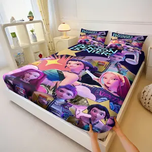 Kpop Trendy Patchwork Bed Sheet Set, Includes 2 Coreless Pillowcases, Virtual Idol Print, Neon Idol Non-Slip Bed Sheets, Fashion Dorm Room Bedding