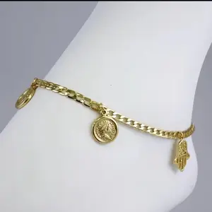 Anklets Tobilleras 14K Real Color 4mmX27cm Gold Coin & Hamsa Hand Charm Anklet for Women Elegant Foot Jewelry