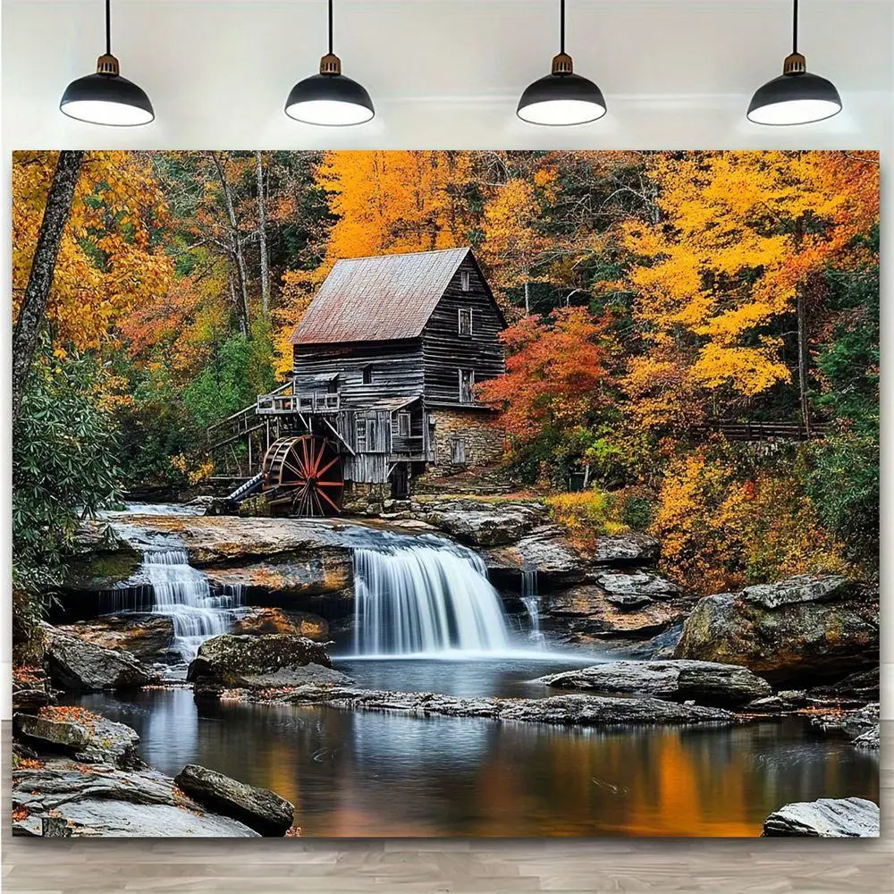 1pc Extra Large Polyester Tapestry - Autumn Forest Stream Design, Rustic Waterfall & Wooden Mill Wall Art, Easy-to-Use, Vibrant Fall Colors, Birthday Backdrop with Birthday Ideas for Living Room Home Decor