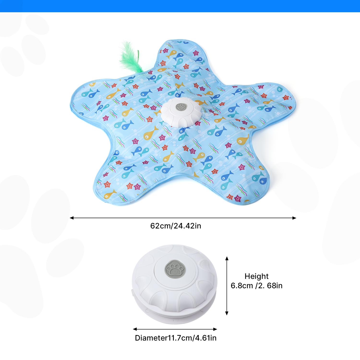 Interactive Cat Toy Mat with 360° Rotating Feather, Automatic Electronic Cat Teaser Toy, Fish & Star Printed Cat Play Mat for Indoor Cats, Stimulating Hunting & Chasing Game