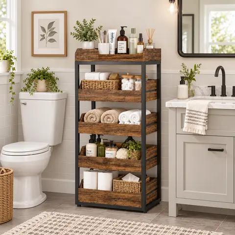 Tribesigns 5-Tier Storage Rack with Pull-Out Drawers, Rustic Wood & Metal Utility Shelving Organizer, Freestanding Snack Fruit Stand for Kitchen, Bathroom, Living Room, Bedroom, Study Room