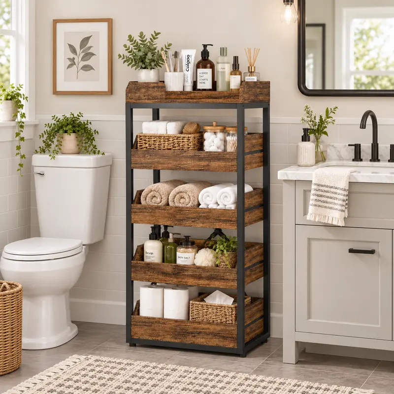 Tribesigns 5-Tier Storage Rack with Pull-Out Drawers, Rustic Wood & Metal Utility Shelving Organizer, Freestanding Snack Fruit Stand for Kitchen, Bathroom, Living Room, Bedroom, Study Room
