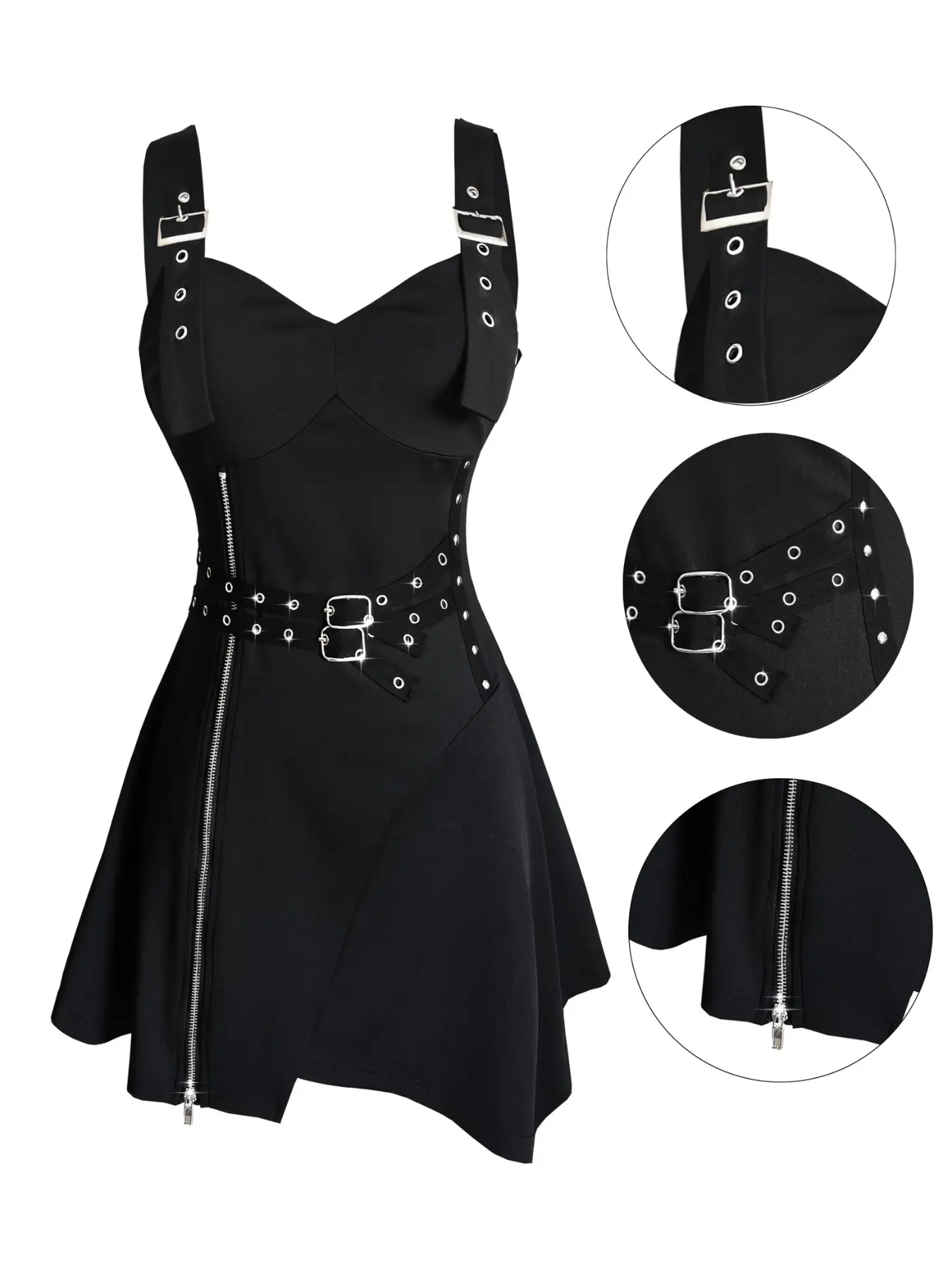 Gothic Rock Metal Decor Fashion Dress, Fit, Zipper Slit, Asymmetrical Hem, V Neck, Sleeveless, Short, Street Casual, Party Dress, Young Women's Fashion, Womenswear