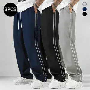 3-pack men’s athletic pants, solid color with a drawstring waist, loose fit, striped design—suitable for everyday wear, outdoor activities, school settings, outings, and casual menswear.