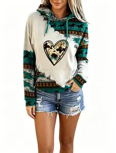 Women's Casual Long Sleeve Hooded Sweatshirt with Ethnic Aztec Geometric Print Patchwork Design, Drawstring Hood, Kangaroo Pocket, Soft Fleece Lined Pullover Top for Fall Winter