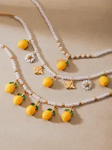 Resin Lemon Daisy Beaded Bracelet, Stainless Steel Chain, Summer Casual Style, Fruit Design, New Women's Jewelry Accessory