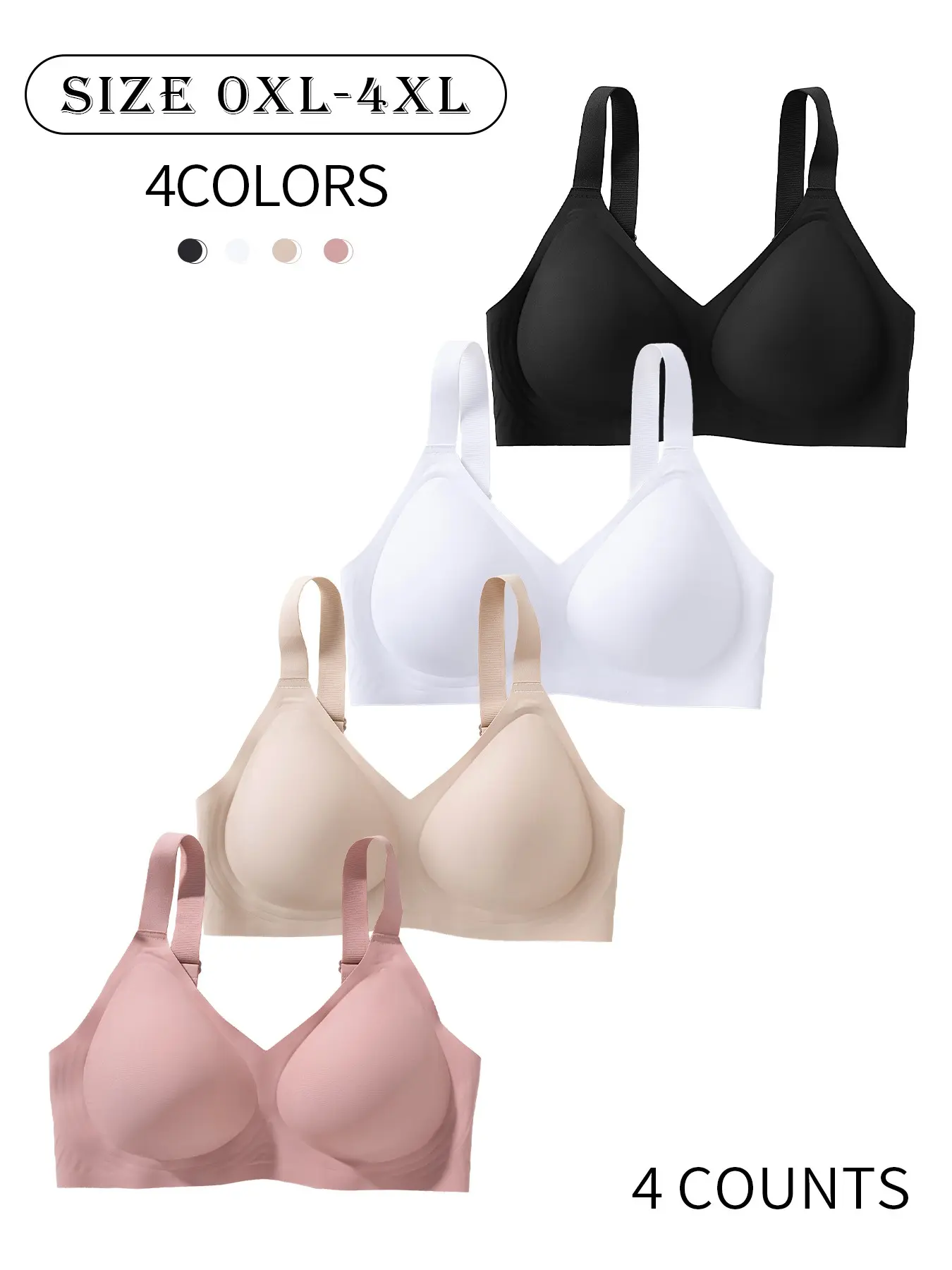 4 Pack/ 5 colors V-neck plus-size seamless jelly women's bra with back clasp and adjustable straps 0XL-4XL, lift and gather, sports beautiful back, daily casual commute, comfortable and skin-friendly, Seamless brassiere