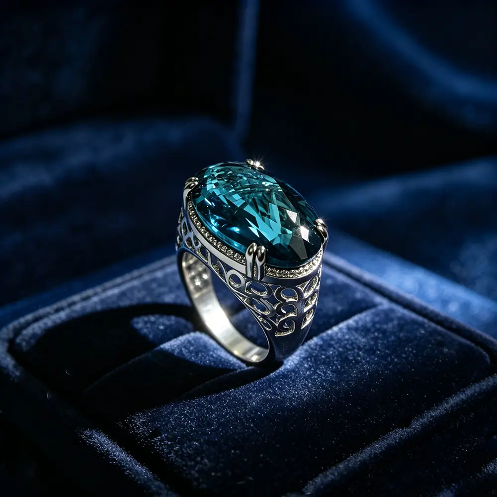 Vintage Oval Ring with London Blue Synthetic Gemstone, Glamorous Filigree Cocktail Jewelry with a Hollow Wide Band for Anniversaries, Geometric, Anniversary, Jewelry Rings, Meaningful Gifts