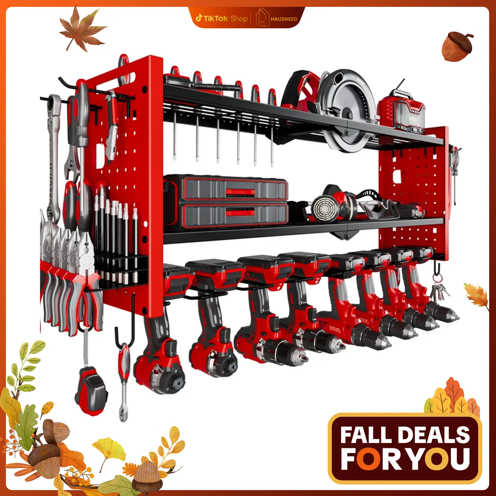 HAUSNEED-003 Garage Tool Shelving - 8 Drills with Magnetic Tool Holder, Wall-Mounted with Adjustable Shelf & Side-Mounted Pegboard Storage, No Warrant