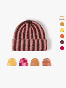 Women's Knit Beanie Hat, Korean Style Colorblock Striped, Thick Warm Face-Saving, Double Layer Wool Blend, Fall & Winter Fashion