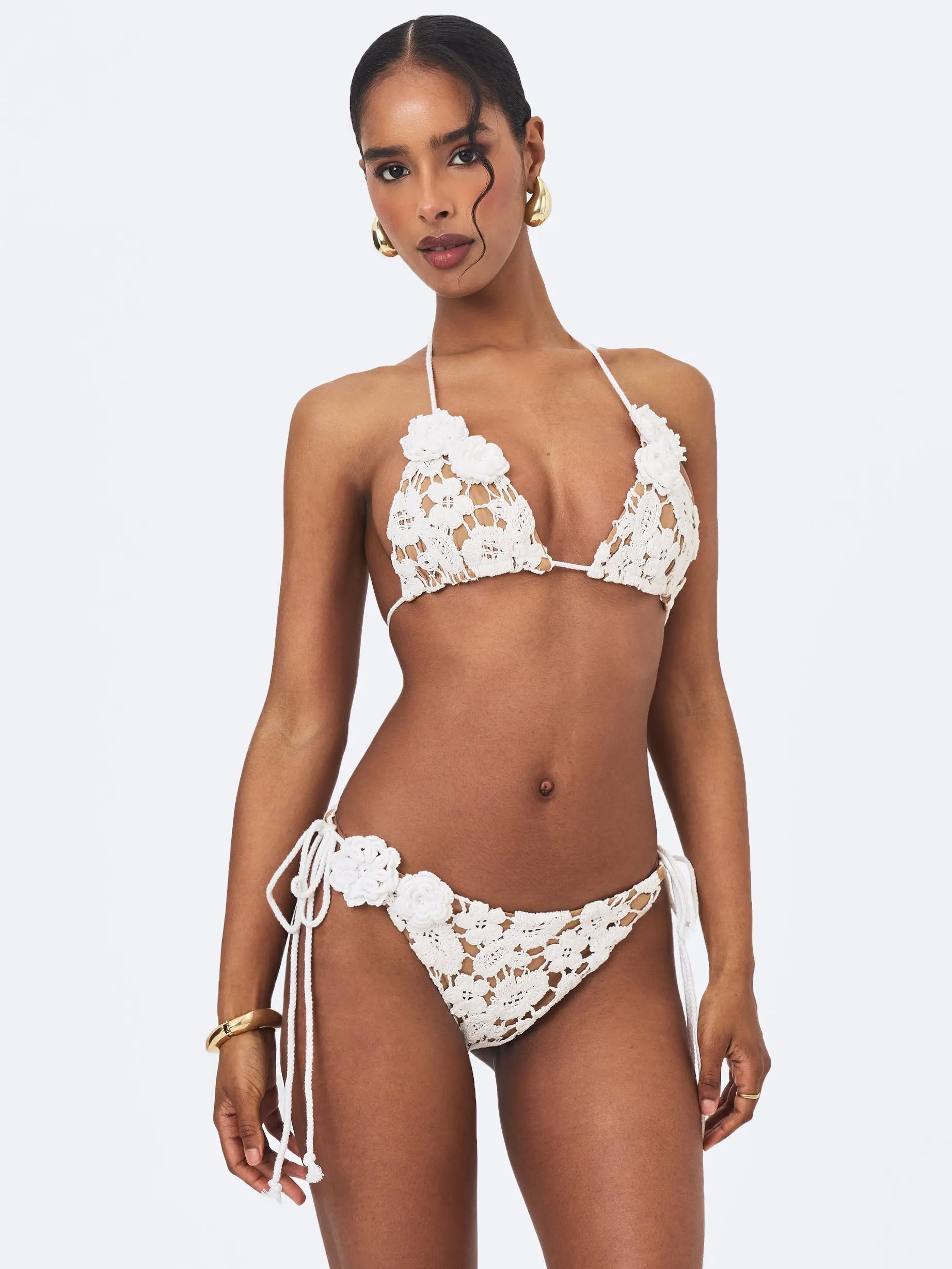 Lela White Floral Crochet Side-Tie Bikini Bottom