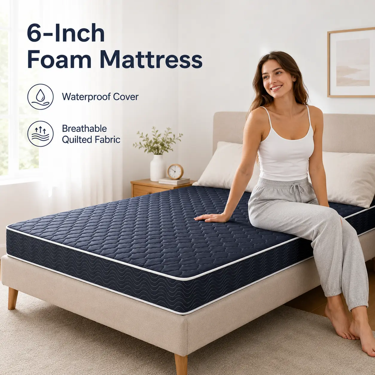 6-Inch Twin Size High-Density Foam Mattress with Waterproof Navy Blue Diamond-Quilted Breathable Cover, Fully Supported for Bedroom, Guest Room, Fully Supported Mattresses
