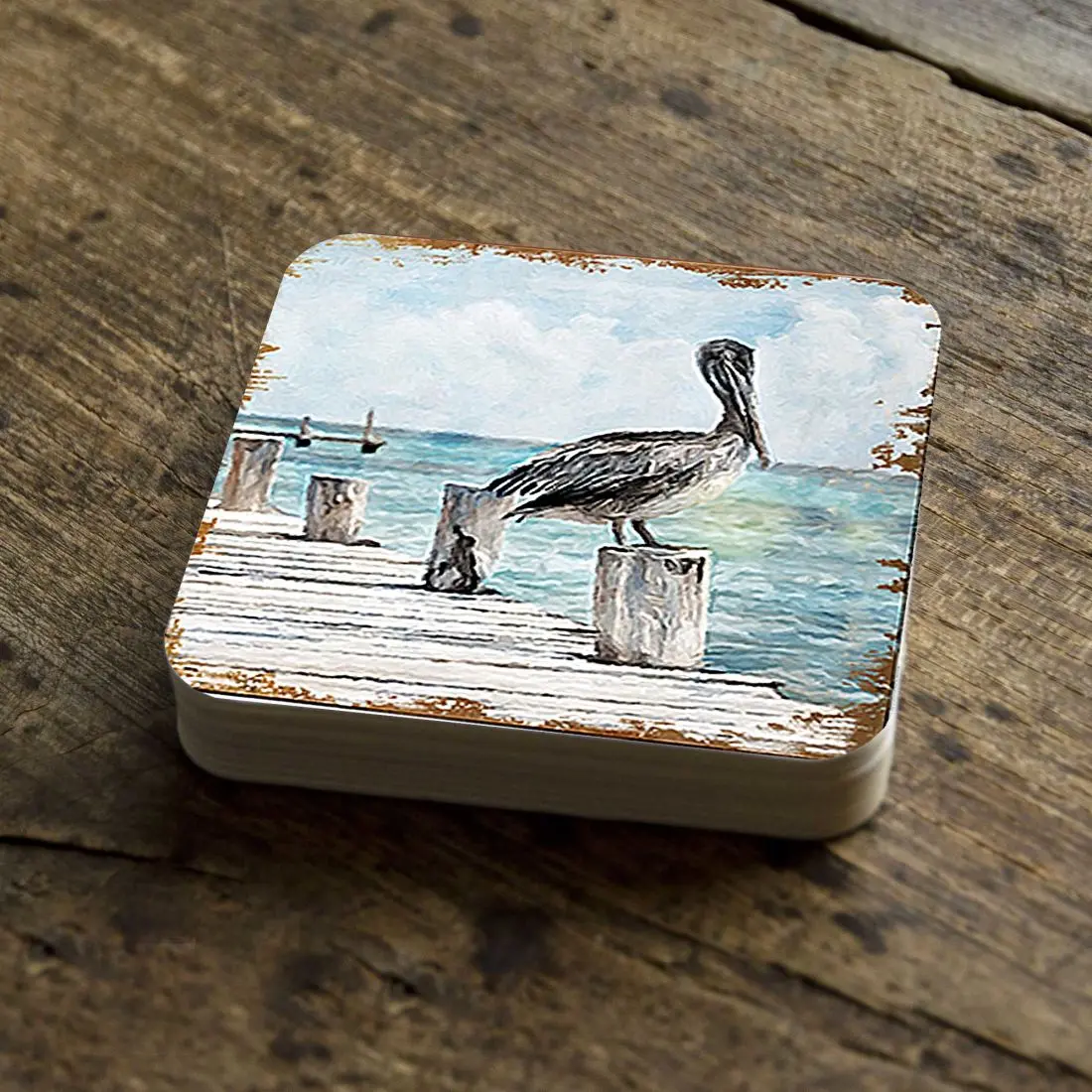 Nature Wonders 95252C-S4 4 x 4 in. Pelican Coastal Wooden Cork Coasters Gift - Set of 4
