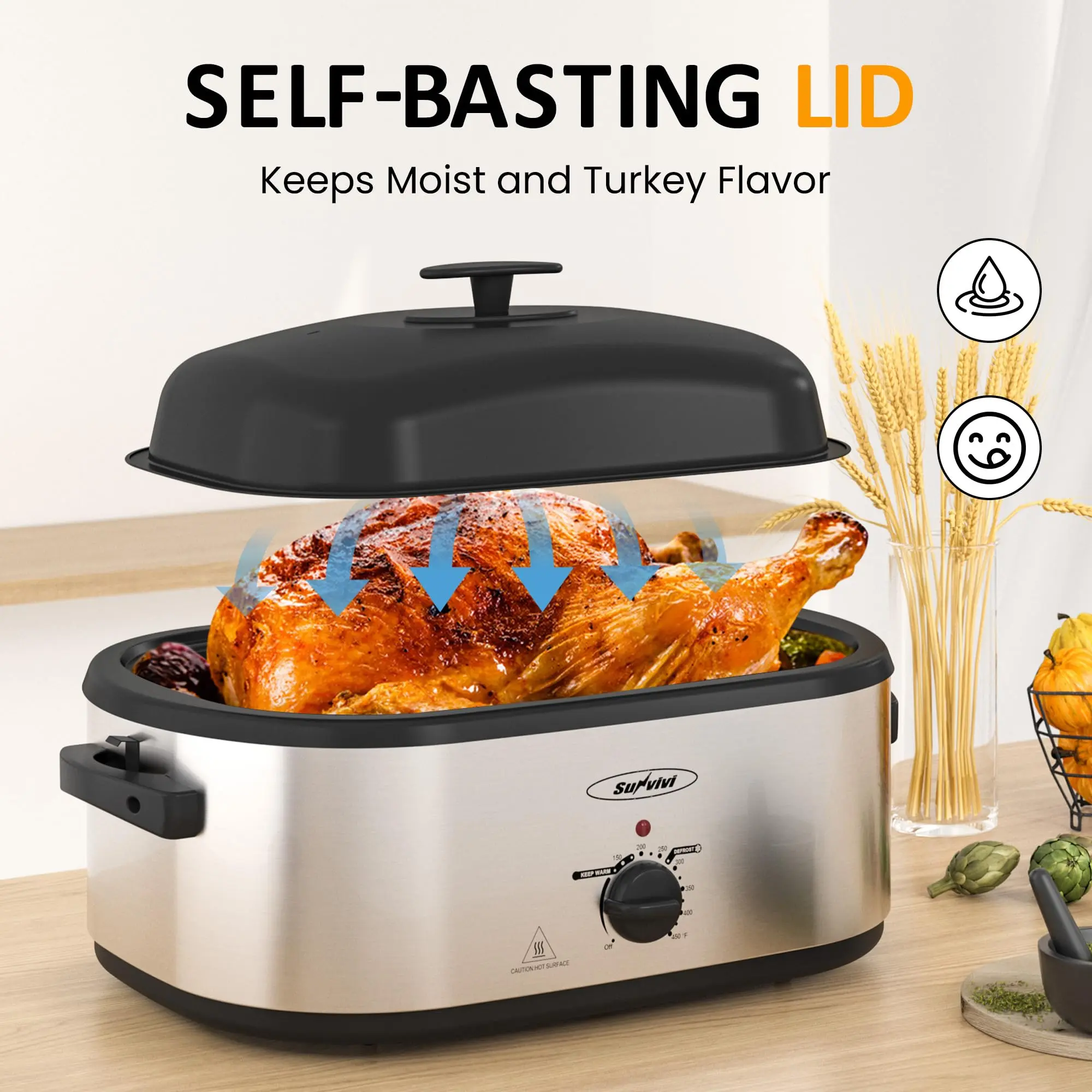 Sunvivi Electric Roaster Oven with Removable 3-Bin Buffet Server, Lid, 150-450°F Full-Range Temperature Control for Convenient Kitchen Cooking Appliance Use, Convenience