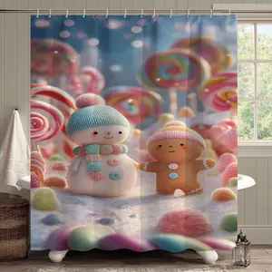 1/4 Pcs Sweet Candy Style Shower Curtain Set, decorated with snowmen, gingerbread men and colorful lollipop patterns, decorating a warm bathroom. Printed shower curtain set includes shower curtain, non-slip floor mat, toilet lid cover, bathroom mat and