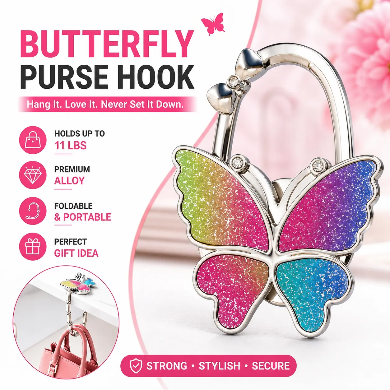 Butterfly Purse Hanger, Foldable Portable Bag Holder for Table, Handbag Hook for Cafe, Restaurant & Daily Use, Chic Butterfly Design