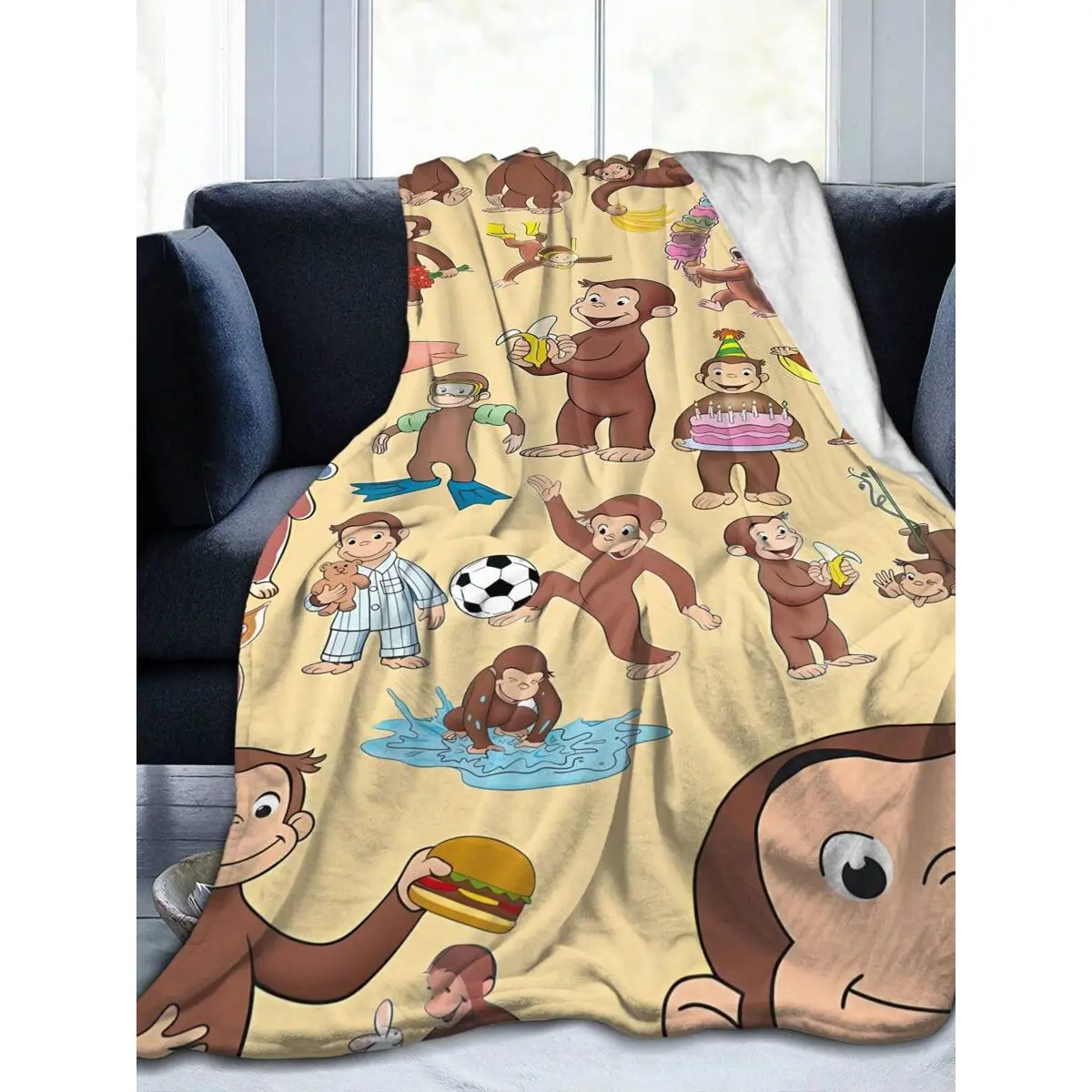 1pc Extra Large Curious George Flannel Throw Blanket - 280gsm Durable, Wrinkle Resistant, Fade Proof, Retro Vintage Printed, All-Season Soft, Machine Washable TV Show Decor Gift for Fans