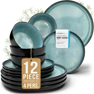 Stoneware Dinnerware Set for 4, 12 Piece and Set - Reactive Glaze, Chip & Scratch Resistant Sets - Dishwasher Safe, Dinner Service in Dark Petrol Blue