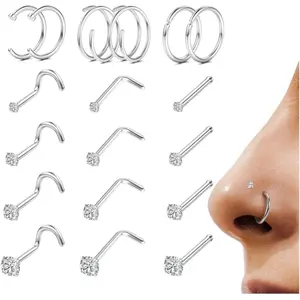 Trendy Summer 18Pcs Nose Rings Studs - 316L Surgical Steel Gold Nose Studs Double Hoop Nose Ring for Women Men 18G/20G Nose Rings Stud Hypoallergenic Nose/Body Piercing Jewelry 1.5mm 2mm 2.5mm 3mm CZ