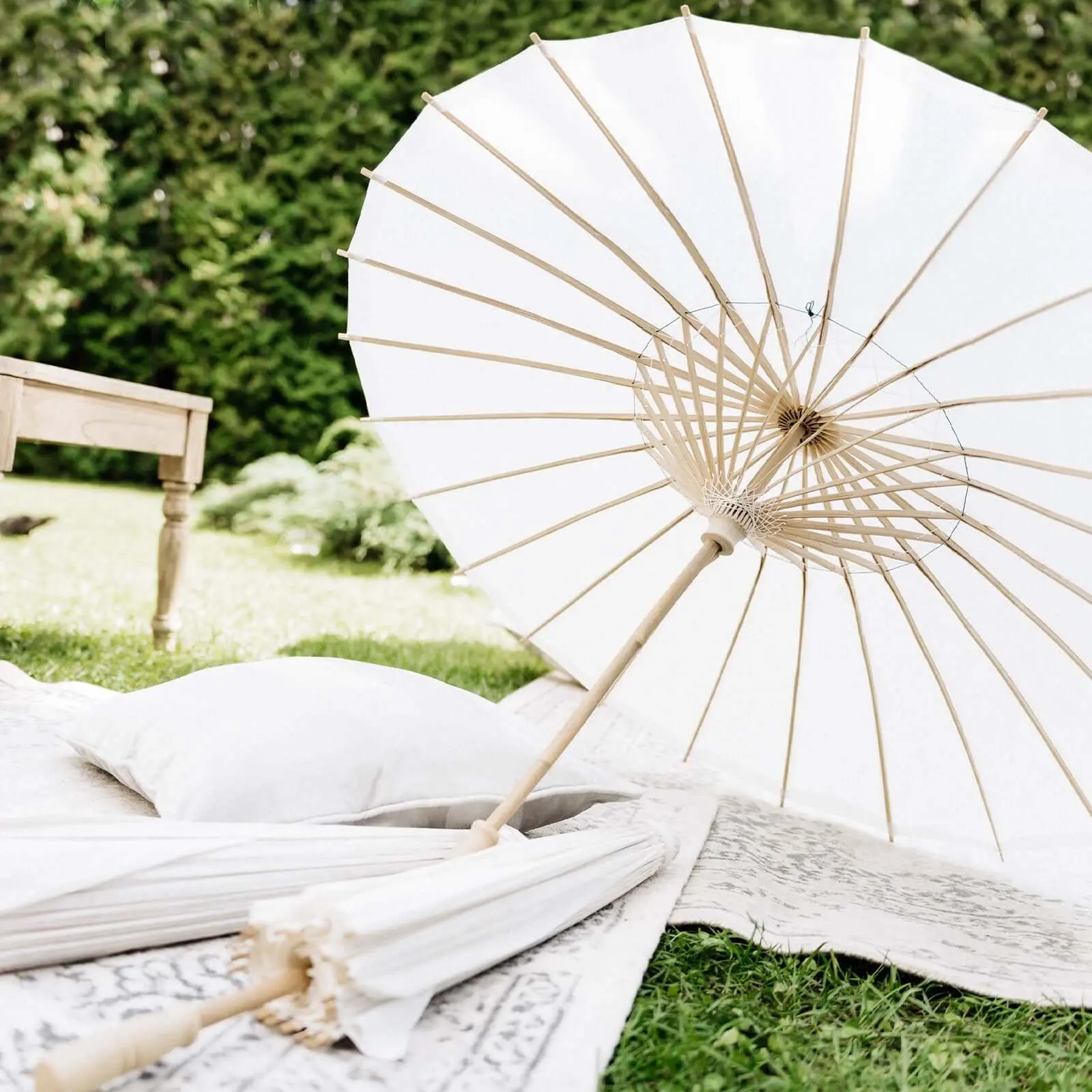 White 32" Paper and Bamboo Parasol Umbrellas, 2-Pack - Wedding Party Favors, Home Decor Centerpieces