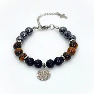 FIMENESS SAN BENITO (ST. BENEDICT) HEMATITE, TIGER EYE, BLACK TOURMALINE HANDMADE BRACELET STAINLESS STEEL