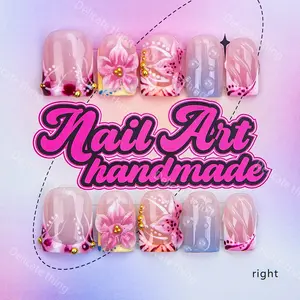 Delicatething Y2K Style Nail Set, Handmade French Design, Beads, Includes Jelly Glue, Crystal Stick, File, Perfect Gift for Women