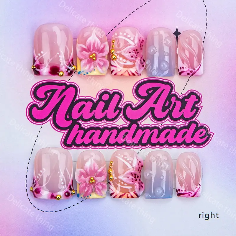 Delicatething Y2K Style Nail Set, Decorative Nails, Handmade French Tips Nails Design Nail Art Products DIY Kit with Beads, Jelly Glue, Crystal Stick and File, Perfect Gift for Women