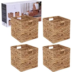 Foldable Handwoven Water Hyacinth Storage Baskets Wicker Cube Baskets Rectangular Laundry Organizer Totes,Set of 4 count,12x12x12inch