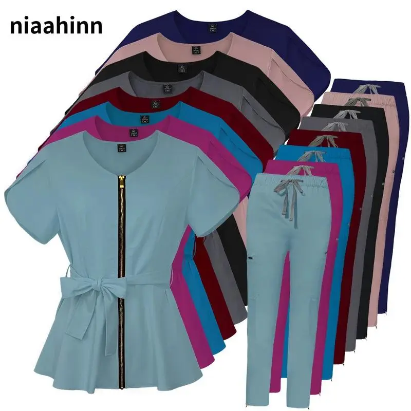 Nurses Uniform Workwear Scrubs Tops+pants Suit Solid Color Nurse Uniform Short Sleeved Pocket Blouse Pharmacy Dentistry Workwear Womenswear Clothes Comfort 42038-Light Blue Gamis Vneck(Rain Shoes & Covers)