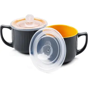 Ceramic Soup Bowls with Vented Lid, 32 Ounce Soup Mug with Handle, 2packs 5 inch Jumbo Soup Cups, Wide Large Cereal Bowl for Oatmeal, Gumbo Salad, Microwave Oven Safe (Grey)