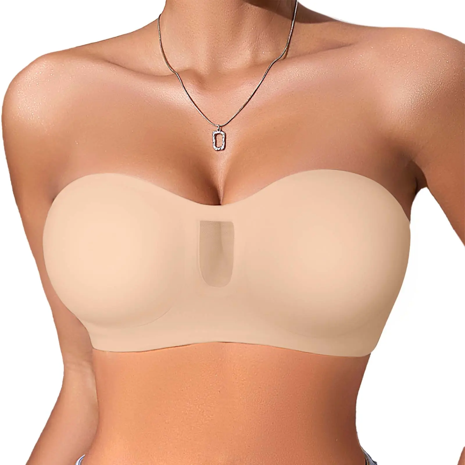 Women's Strapless Wireless Bra - Seamless Look Undergarment with Removable Pads, Silicone Grip, Breathable Fabric for Dresses & Everyday Wear