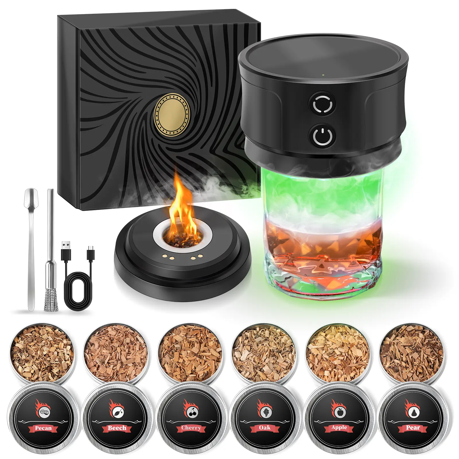 Perfect Gift for bf Men Dad Husband: Electric Whiskey Smoker Kit with Built-in Lighter Rechargeable No Butane 6 Wood Chips for Old Fashioned Drinks New Year Gifts  love  gift
