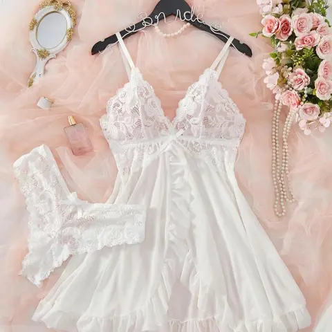1 Count Ladies' Delicate Lace Mesh, Sheer Floral Nightwear With Adjustable Straps And Satin Bow Accents, Silky Fabric Sleepwear, Alluring Set For Special Moments, Intimate Evenings, And Lazy Days, Adjustable Strap Nightdress