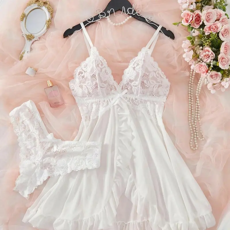 1 Count Ladies' Delicate Lace Mesh, Sheer Floral Nightwear With Adjustable Straps And Satin Bow Accents, Silky Fabric Sleepwear, Alluring Set For Special Moments, Intimate Evenings, And Lazy Days, Adjustable Strap Nightdress