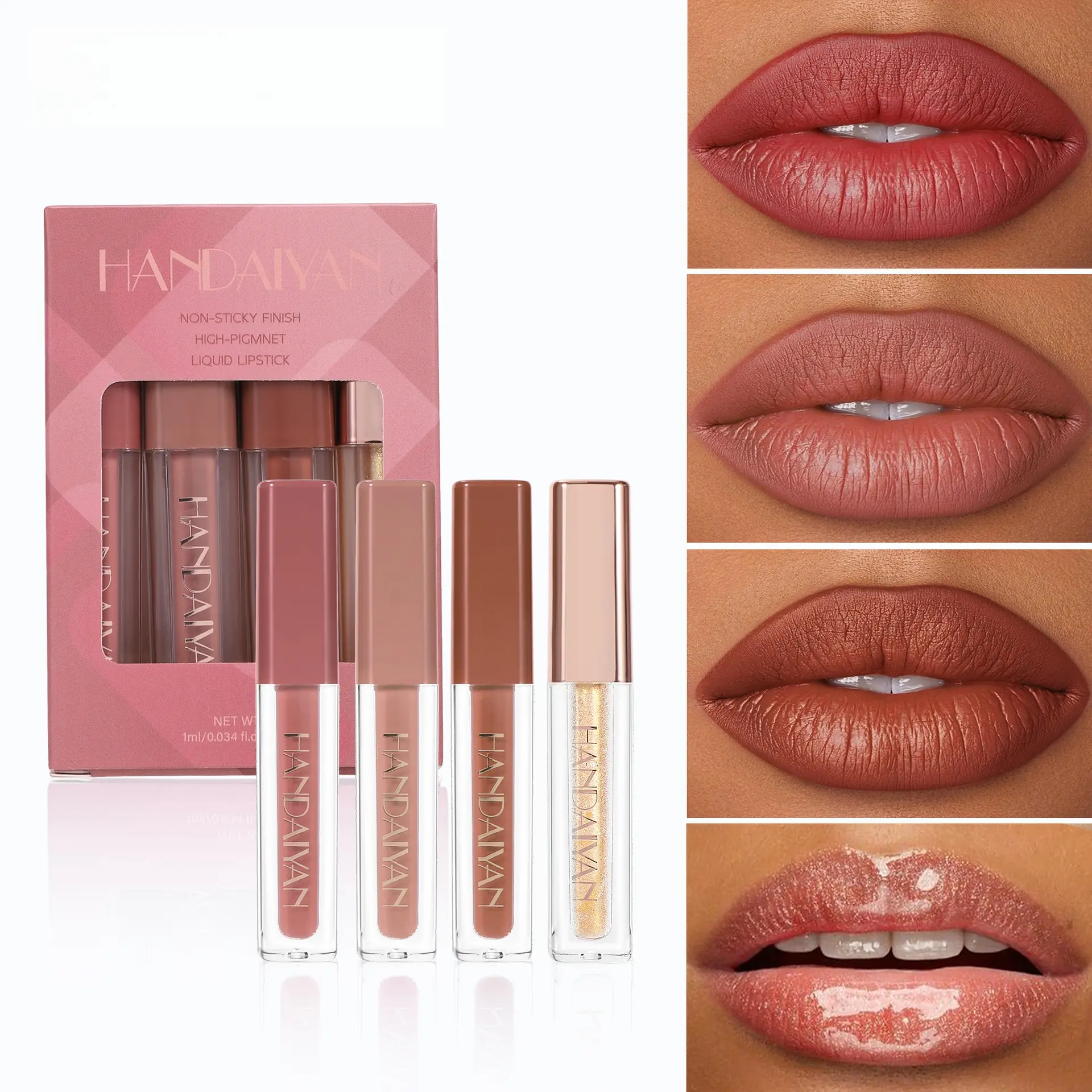 HANDAIYAN Women's 4Pcs Matte Liquid Lipstick Set - Waterproof Velvet Cream Formula, Non-Transfer, High Saturation, Bright Waterproof Color, Glossy Lips, Cosmetic, Easy Application, Long-Lasting, Flawless Finish for Any Occasion, Set A, Lip Combo