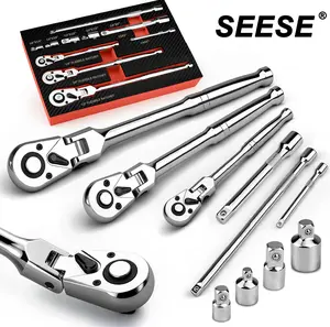 SEESE 10 Piece Flex Head Ratchet Set, 1/4", 3/8" and 1/2" Drive Swivel Head Ratchet Wrench with Extension Bar and 4pc Adapter, 72-Tooth Flexible Wrench Handle with Quick-Release Reversible Design